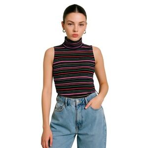 WORTH x VINTAGE 90's wool blend sleeveless‎ turtleneck micro stripe pink black S
